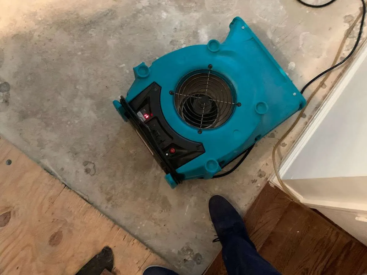 Air mover drying subfloor during Leak Detection & Repair in Dranesville
